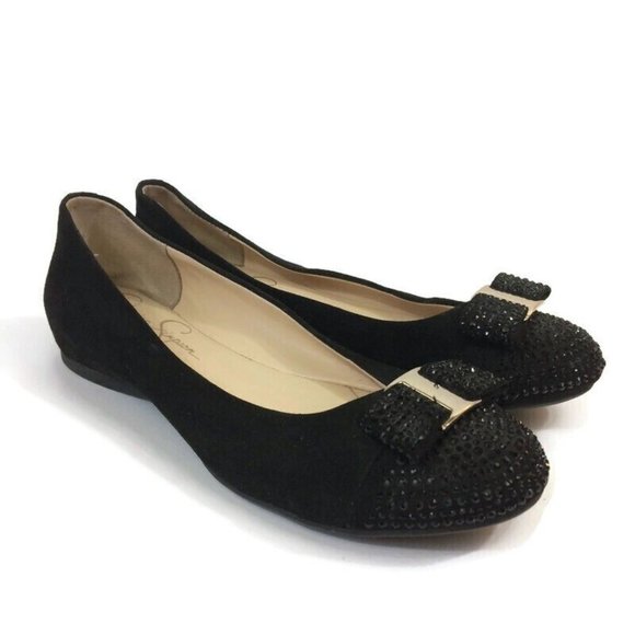 Jessica Simpson Mugara Black Micro Suede Ballet Flats Rhinestone Accent Sz 6.5M - Picture 2 of 10